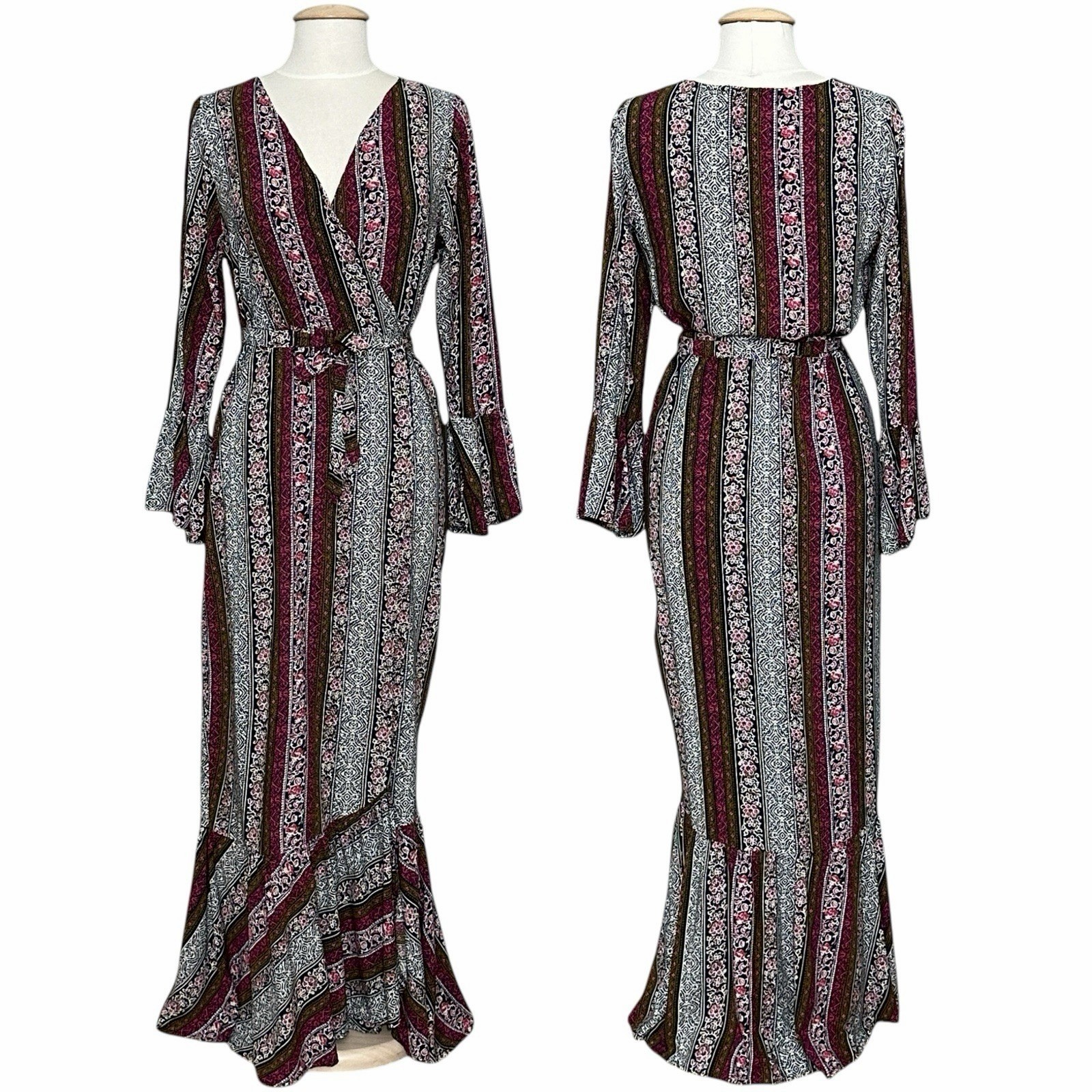 R Vivimos Womens Dress L Pink Green Stripe Wrap Ruffle Maxi Retro Peasant Boho