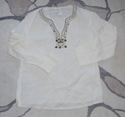 Basler 100% Linen Blouse Shirt Women s Size 42 Beaded Detail   Good Condition