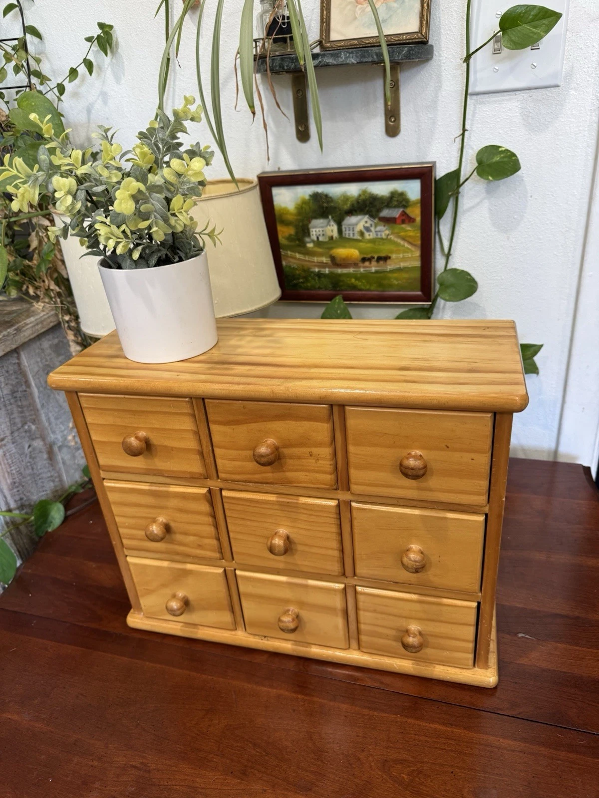 VTG Wooden Wall Apothecary Spice Cabinet Organizer 9 Drawer Rustic Primitive