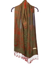 Pashmina Silk Blend Scarf Wrap 27x72 Floral Pattern Green Red Fringed Trim