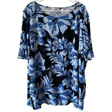 DENIM & CO NWOT Printed Boatneck Blouse with Flutter Sleeve Black Blue Size 4X