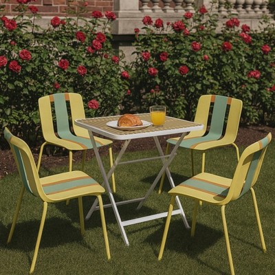 Striped Color Block Chairs Pp Seat & Sturdy Metal Legs With Folding Square Table