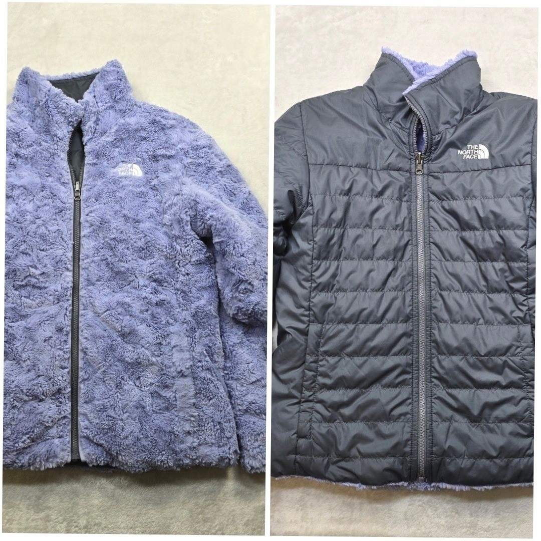 The North Face Girls Reversible Puffer Jacket Large 14 16 Gray Purple Fleece