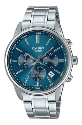 Casio Chronograph Edelstahl Blau Zifferblatt Analog MTP-E515D-2A1V 50M Herrenuhr