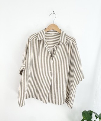 Max Studio Brown White Striped Oversized Boxy Top Women s Plus 1X