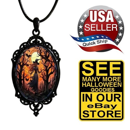 Witch Design Vintage Gothic Halloween Style Pendant Necklace • Black ...