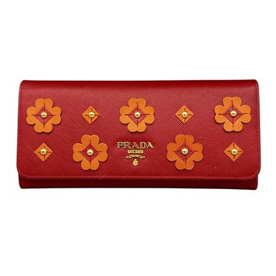Prada Red Saffiano Leather Floral Applique Studded Continental Wallet Italy