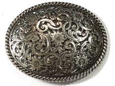 Western Belt Buckle Silver Tone Floral Scroll Oval