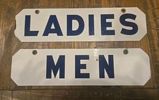 Original 1950s Double Sided Porcelain Gas Station Restroom Signs 15" Men Ladies