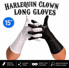 HARLEQUIN CLOWN SATIN 15  LONG GLOVES Adult Black White Opera Burlesque Costume