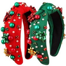 Christmas Headbands for Women Girls, Red Green Knotted Jeweled Headband, Cute