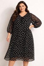 Women’s Plus Size 3X Black White Polka Dot Chiffon Dress Lined Ava Viv Sleeves 