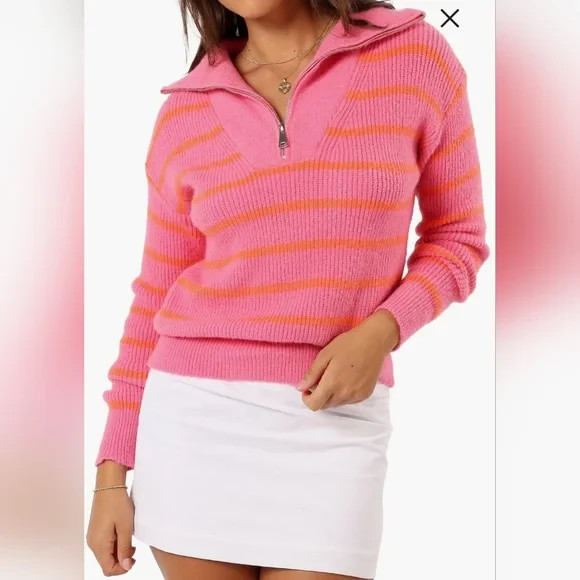 Petal & Pup Hot Pink and Orange Striped Cowl Half-Zip Sweater M/L
