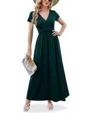 ANRILITA Maxi Dress for Women Wrap V Neck Short Sleeve Small, Dark Green