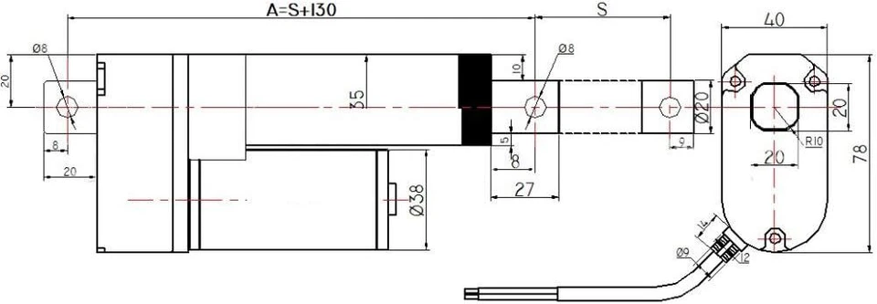 Pistone/attuatore lineare elettrico 100 mm 750N - Immagine 2 di 2