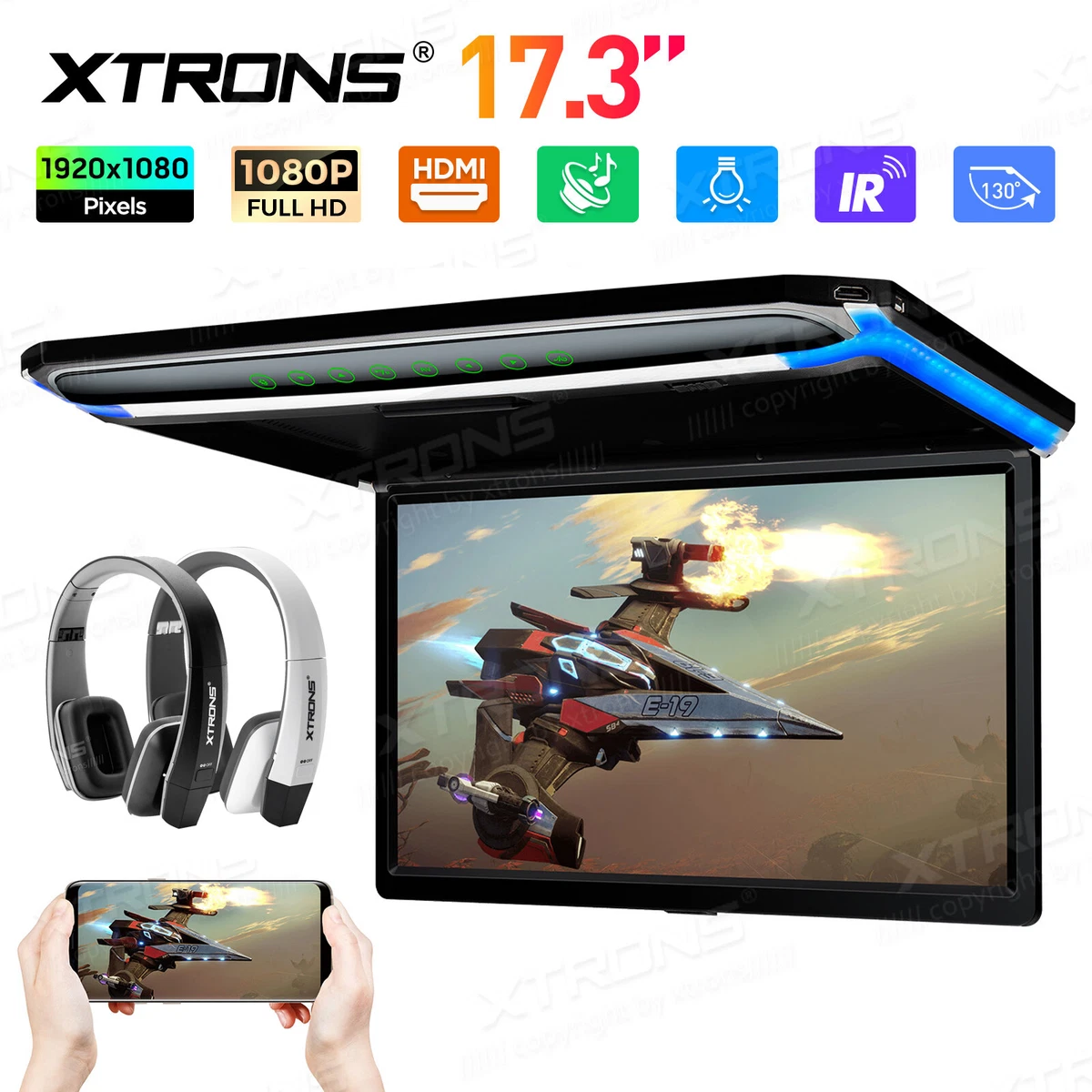19 Inch Car Roof Monitor - Flip-Down LCD Screen With HDMI, Built-in IR, HD Ready