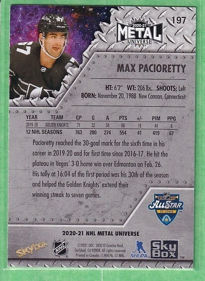 2020-21 Skybox Metal Universe All-Stars #197 Max Pacioretty Vegas Golden Knights - Image 2 of 2