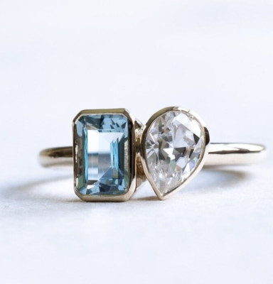 You and Me Ring Pear White & Emerald Aquamarine Diamond Ring CZ Toi Et Moi Ring