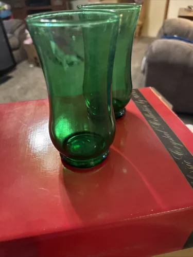 Two Vintage Anchor Hocking Fire King 4oz Forest Green Drinking Glasses