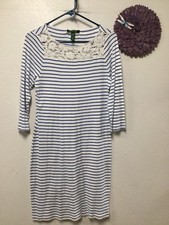 Ralph Lauren Womens Dress Size M Blue White Stripes Lace Neck 176
