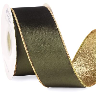 Moss Green Velvet Ribbon Wired 2.5 Inch Glossy Velvet with Gold Glitter Chris...