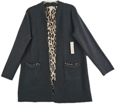 CHICO'S Size 2 US L  Gray Knit Open Front Long Cardigan Animal Woven Back NWT