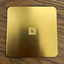 Nespresso Square Gold Metal Coaster w/ Cork Back Non-Slip 4 in Logo