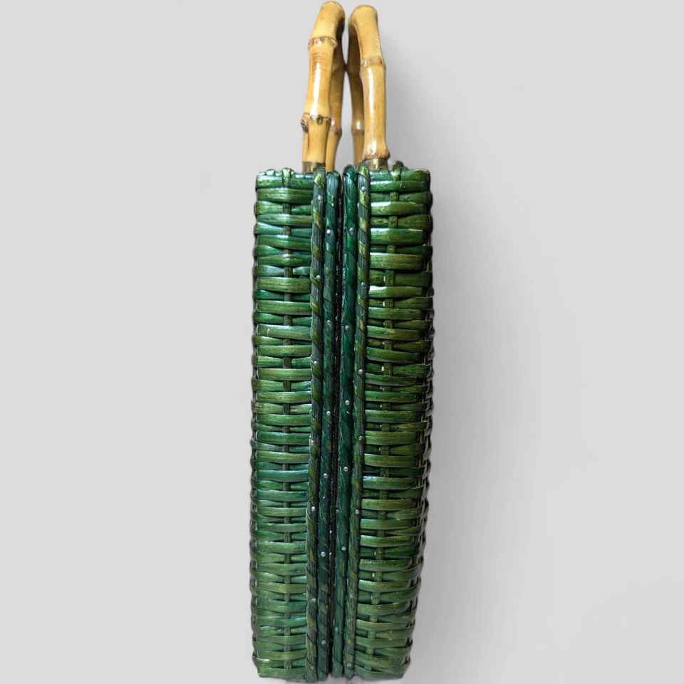 Vintage Green Wicker Rattan Satchel Briefcase Purse Bamboo Handle  14"X10" MCM - Image 3 of 4