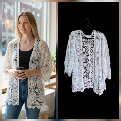 White Crochet Knit Cardigan Womens XXL Boho Coastal Beachy Mosnova Boutique