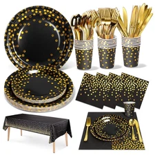141 Pieces Black Gold Party Supplies Dinnerware Set, Serves 20 Plates Cups Acc