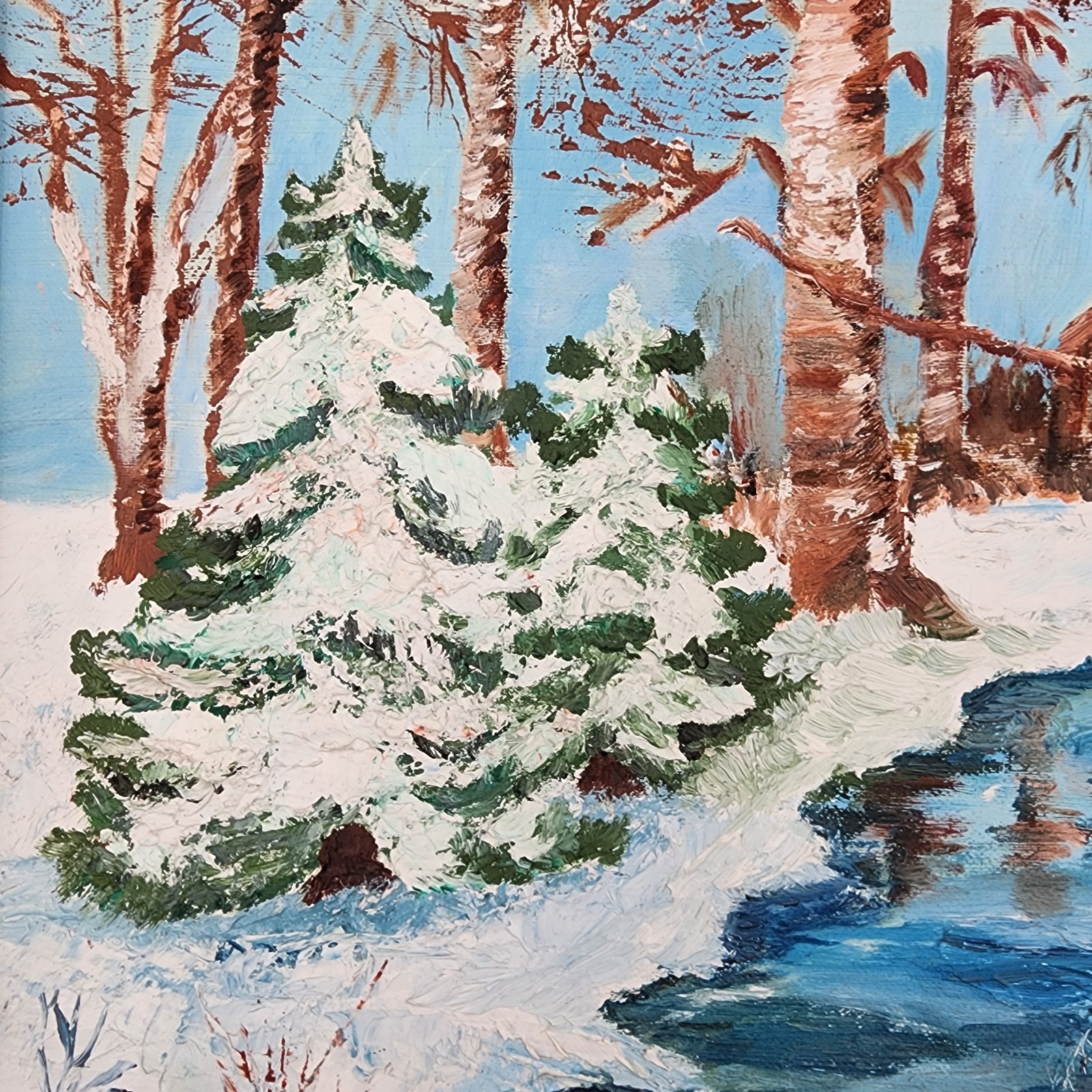 Vintage Original Signed Framed Oil Painting Winter Snow River Landscape Iowa Art