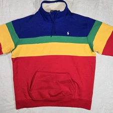 Polo Ralph Lauren Striped Double Knit Sweatshirt 1/4 Zip Mens XL Red Yellow Blue