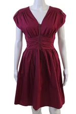 Bar III Womens Fit & Flare Red V-Neck Button Dress Size M