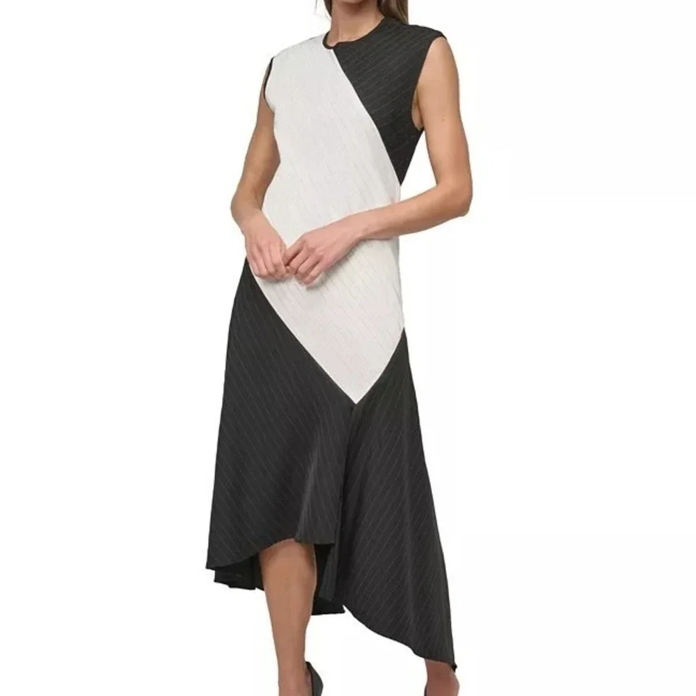 NWT DKNY Pinstripe Jewel Neck Dress Black White Asymmetric Womens SIZE 6