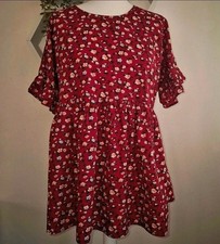 Boohoo Red Floral Blouse UK 12 Ruffle Sleeve Peplum Top