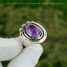 Valentines Sale 925 Silver Oval Crown Chakra Star Amethyst Stone Bezel Boho Ring