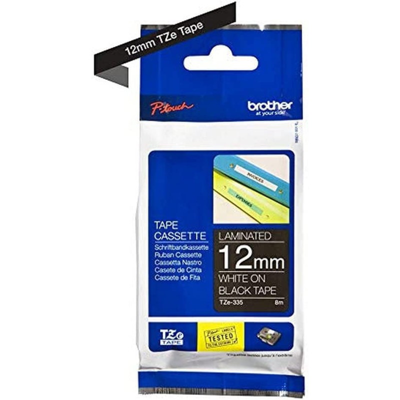 Ruban Brother Tze-335 noir sur blanc de 12mm pour étiqueteuse