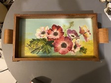 Plateau art déco? en chêne peinture sous verre fleurs signé delarache? vintage