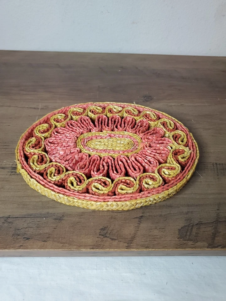 1 Vintage Wicker Trivet Oval Hot Pad Pot Holder Rattan Raffia Peach Boho Shabby - Image 2 of 4