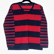 Tommy Hilfiger Women's Rugby Stripe Red/Navy V-Neck Lightweight Sweater Nautical