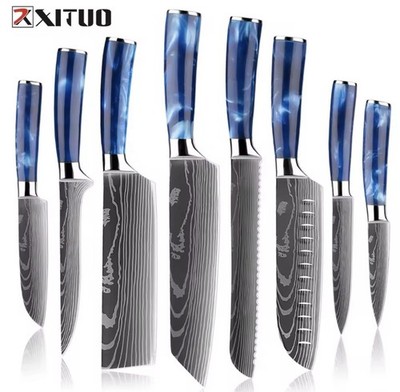 XITUO 8er Set Profi Küchenmesser Edelstahl Damast Ozeanblauer Laser