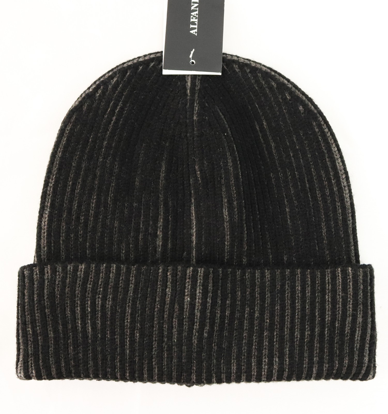 New Mens ALFANI Black  Gray Two Tone Plated Rib Knit Cuffed Beanie Hat One Size