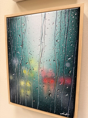 Original Acrylic Painting 9x12 Frame City Bokeh Art in Natural Wood Frame Decor