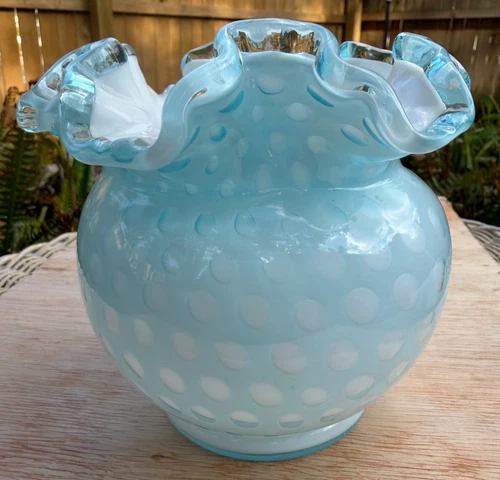 Vintage Fenton Blue Crest Overlay Bubble Optic Double Ruffle Rose Bowl Vase!