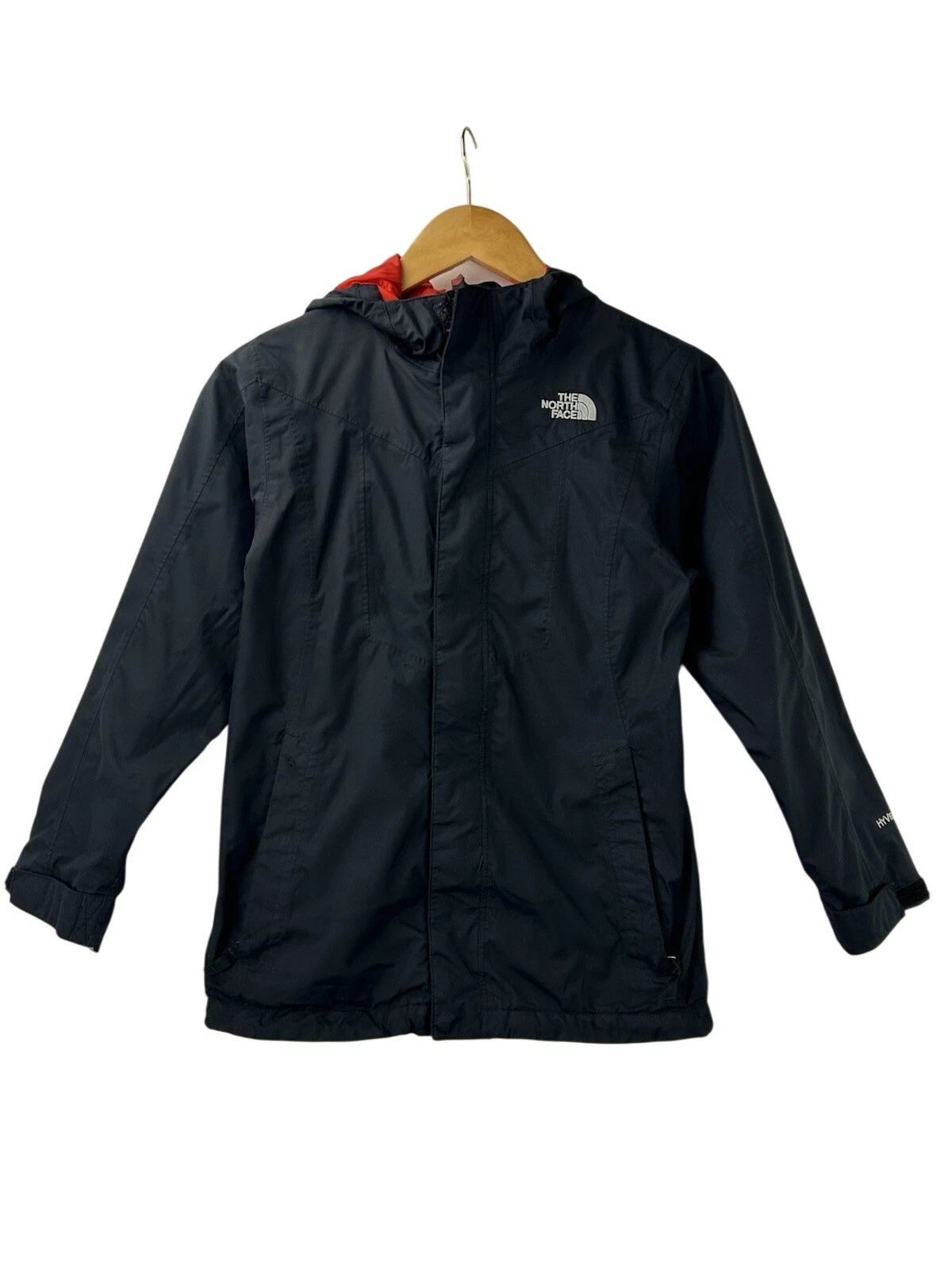 The North Face YOUTH Boys Medium (10/12) Black Red HyVent Hooded Rain Jacket