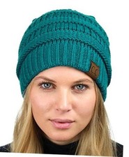 Unisex Chunky Soft Stretch Cable Knit Warm Fuzzy Lined Skully One Size Teal