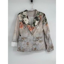 Womens Floral Double Breasted Blazer Jacket Beige Pink Floral Print Sz M
