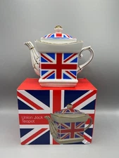 Union Jack Ceramic Teapot With Gold Accents & Original Box Holds 2 Cups