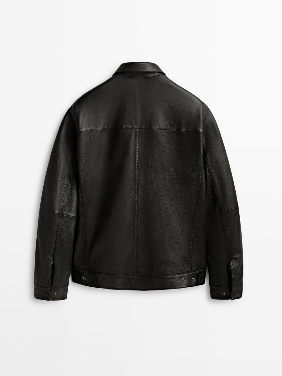 New Massimo Dutti Men Tumbled Leather Jacket 3302/223 Black S