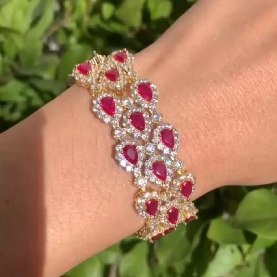 31 ctw Pear Cut Created Ruby & Diamond 14K Yellow Gold Plated Statement Bracelet - Image 3 of 4